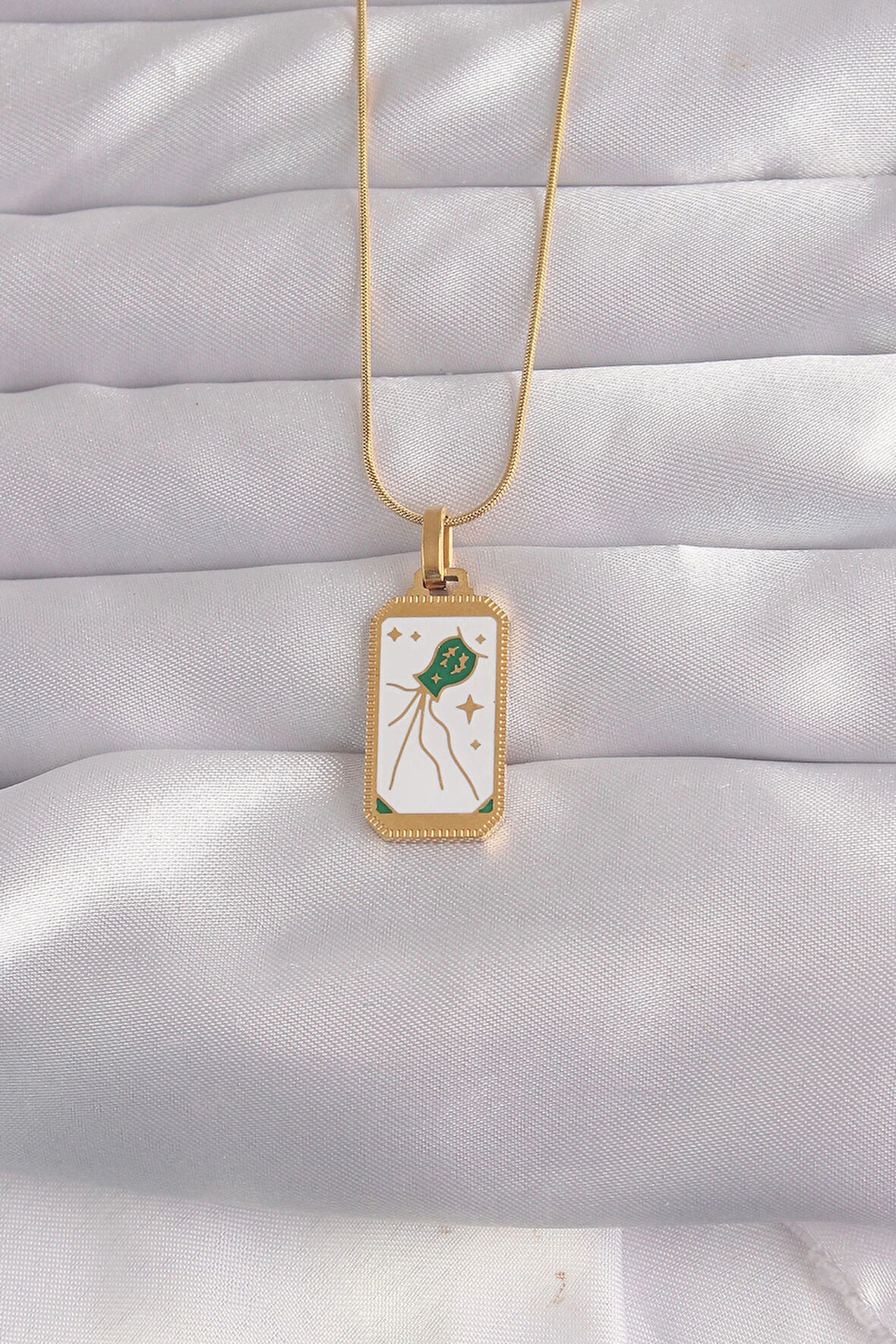 Dodes 316L Çelik Gold Renk Beyaz Mineli Tarot Kolye TG27BKO9039