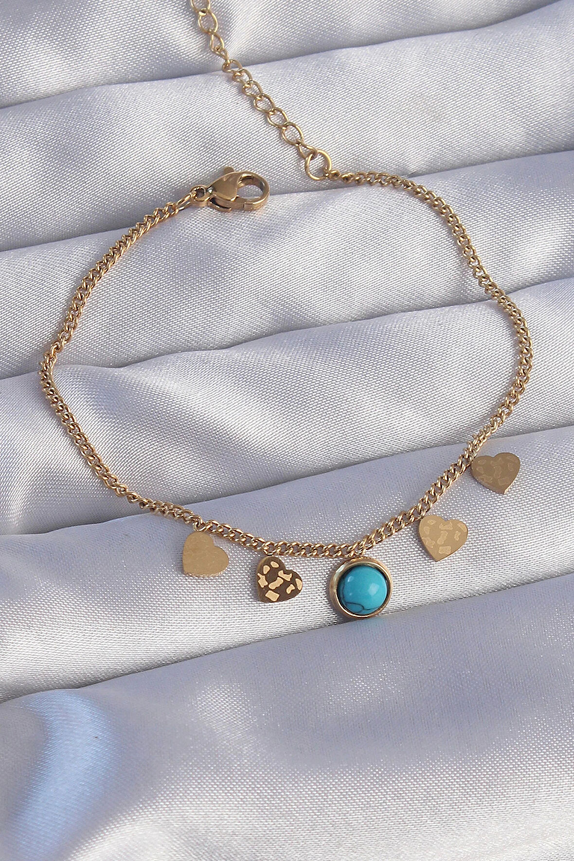 Dodes 316L Çelik Gold Renk Minimal Kalpli Mavi Taş Detaylı Bileklik TG27BB6178