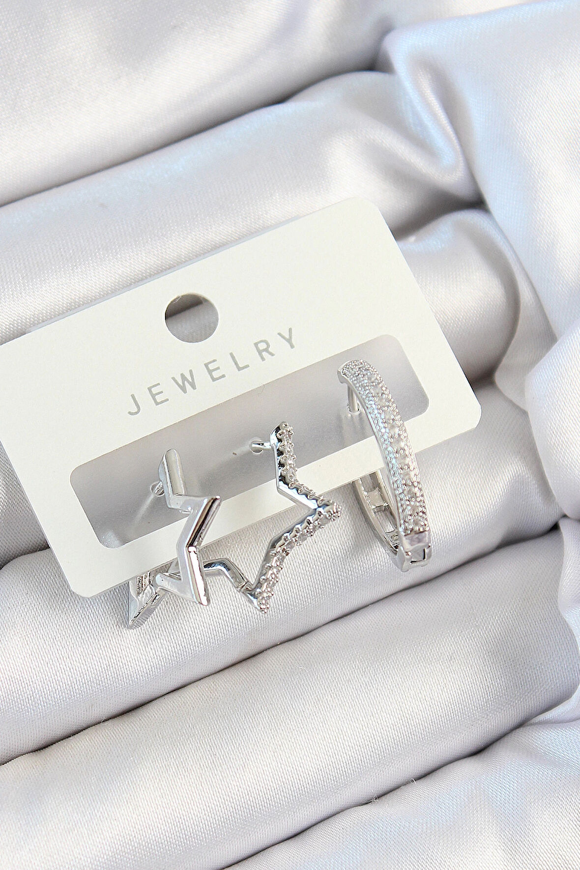 Dodes Pirinç Zirkon Taşlı Yıldız Ve Halka Model Gümüş Renk 3'lü Çift Kadın Küpe Set TG27BKP10808