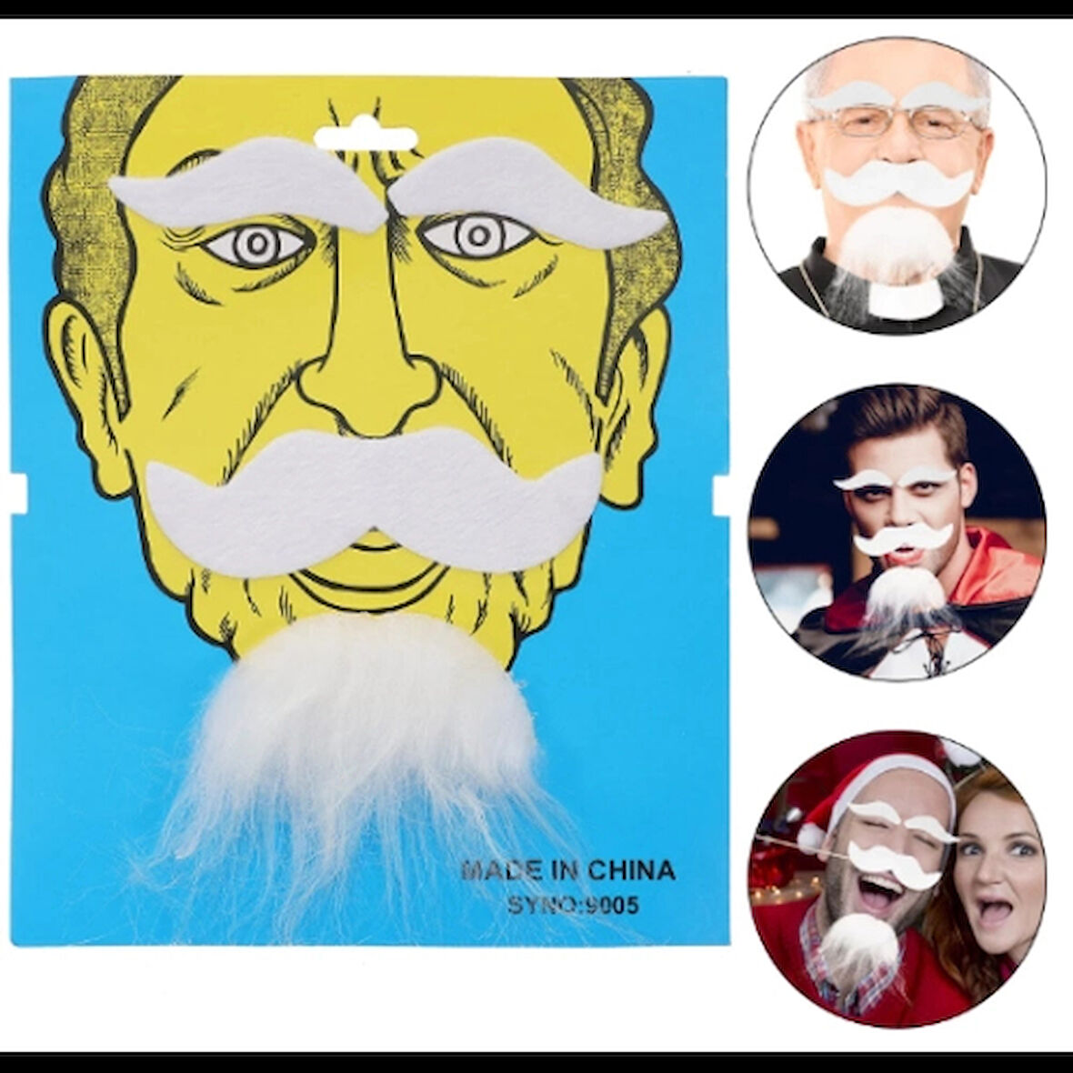 Dodes Beyaz Renk Kendinden Yapışkanlı Takma Sakal Bıyık ve Kaş Seti