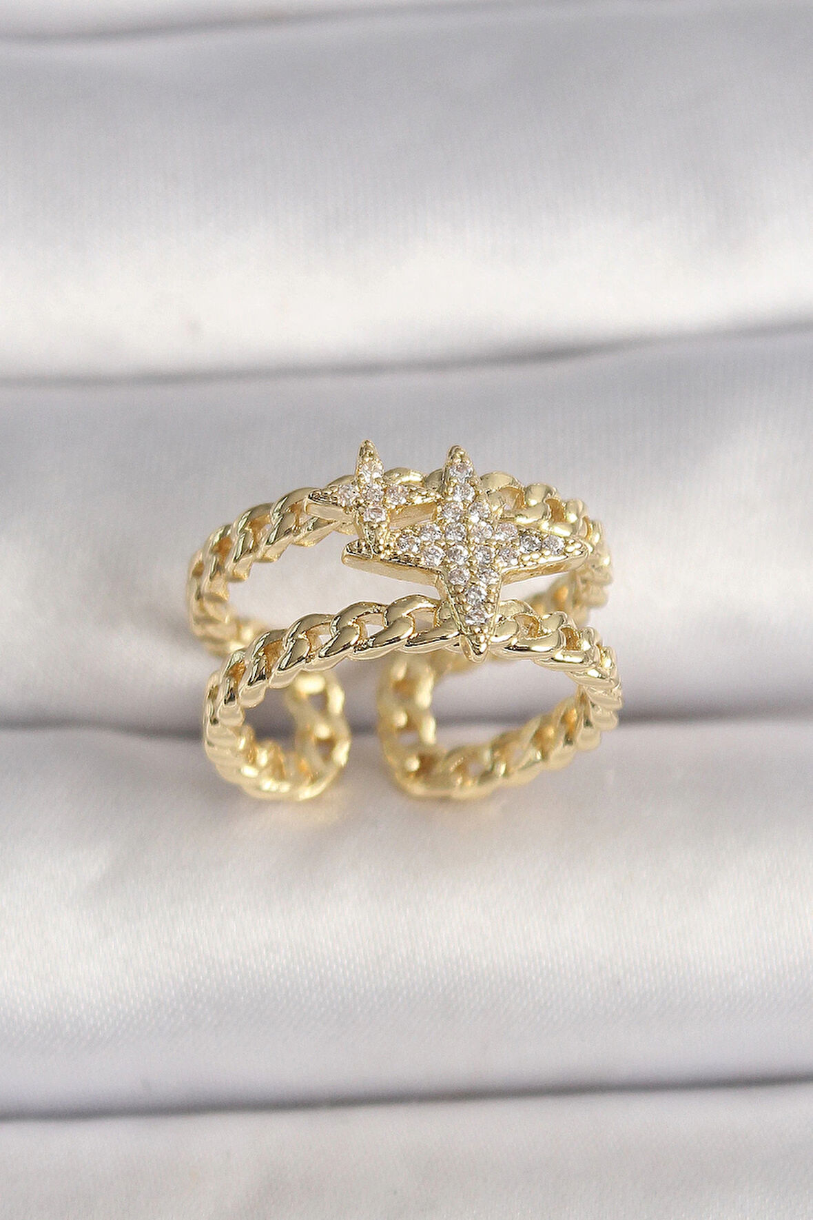 Dodes Pirinç Gold Renk 2'Li Zincir Zirkon Taşlı Yıldız Figür Kadın Yüzük TG27BYK3594