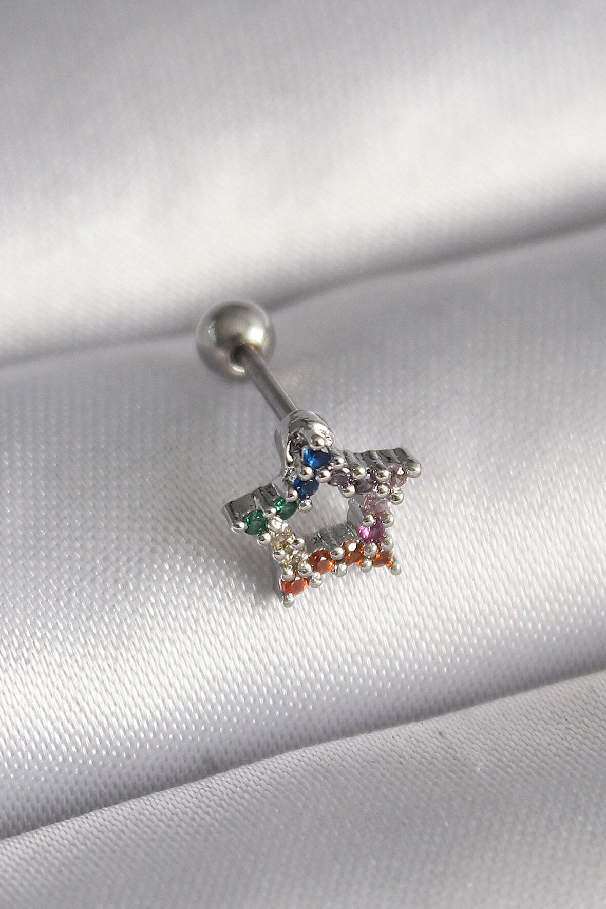 Dodes Dodes 316L Çelik Gümüş Renk Renkli Zirkon Taşlı Yıldız Model Tragus Piercing TG27PR1355