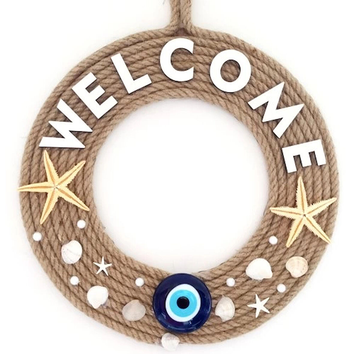 Dodes Jüt İpten Deniz Yıldızlı Nazar Boncuklu İncili Deniz Yıldızlı Welcome Yazılı Kapı Süsü