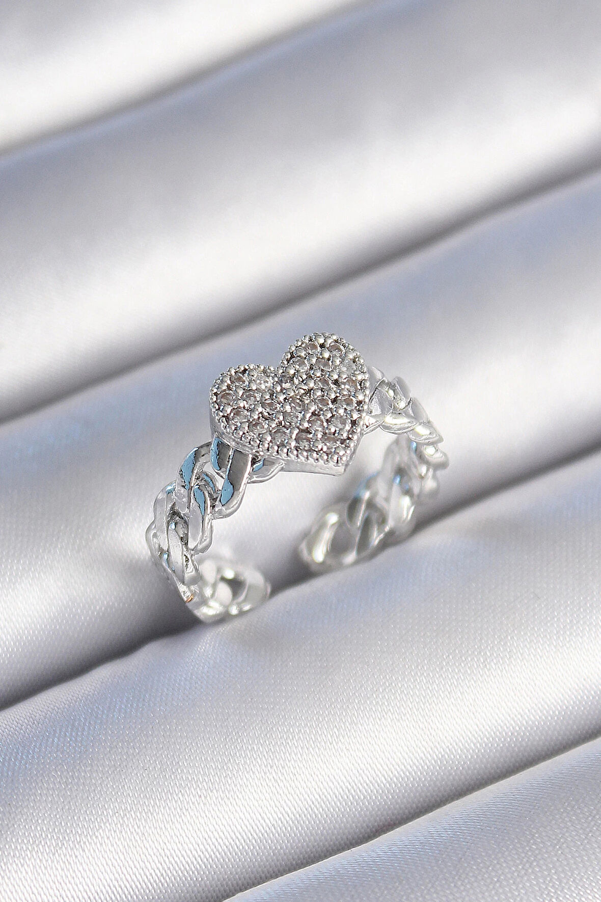 Dodes Pirinç Gümüş Renk Zincir Kordon Zirkon Taşlı Kalp Model Kadın Yüzük TG27BYK3484