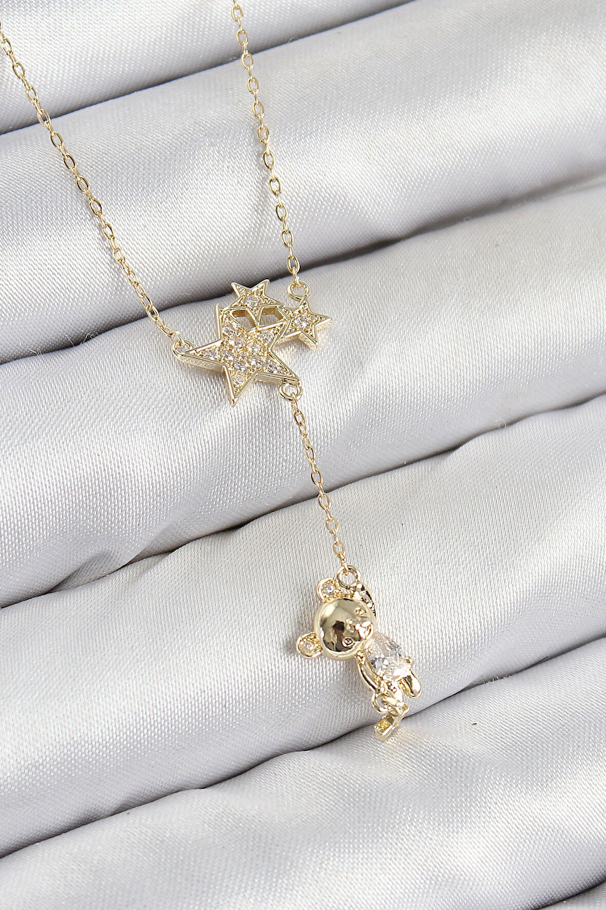 Dodes Dodes Pirinç Zirkon Taşlı Sallantılı Ayıcıklı Yıldız Model Gold Renk Kadın Kolye TG27BKO10418