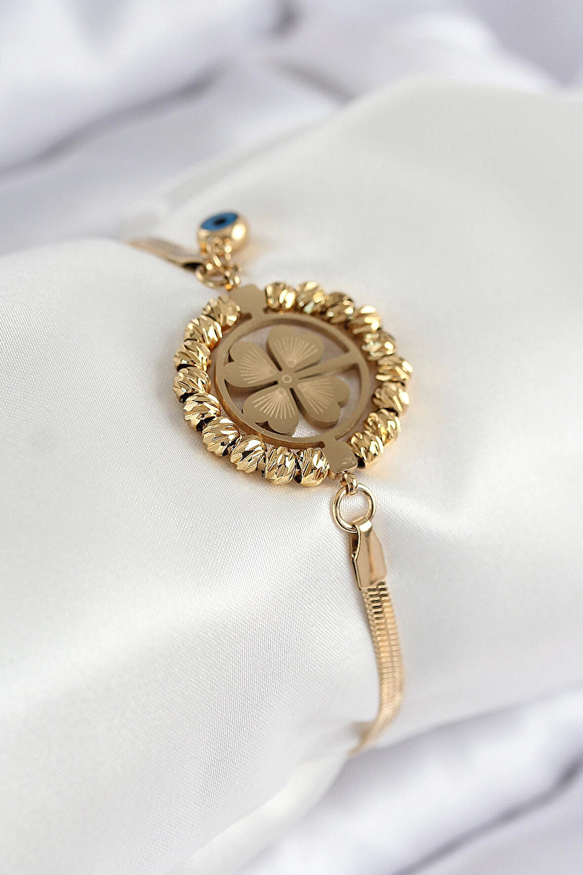 Dodes 316L Çelik Nazar Boncuk Detaylı Yonca Model İtalyan Zincir Gold Renk Kadın Bileklik TG27BB7826