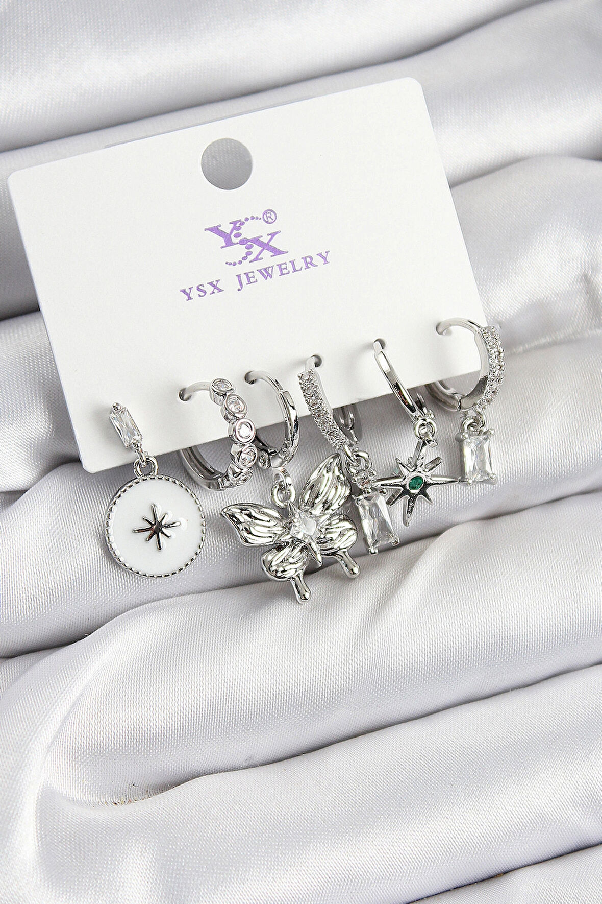 Dodes Dodes Pirinç Zİrkon Taşlı Kelebek ve Yıldız Model Gümüş Renk 3'lü Çift Kadın Küpe TG27BKP10958