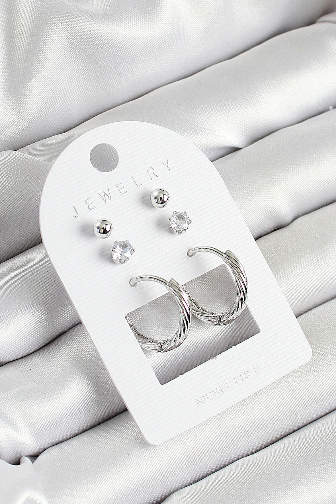 Dodes Dodes Pirinç Zirkon Taş Ve Halka Figürlü Gümüş Renk 3'lü Çift Kadın Küpe Set TG27BKP10649