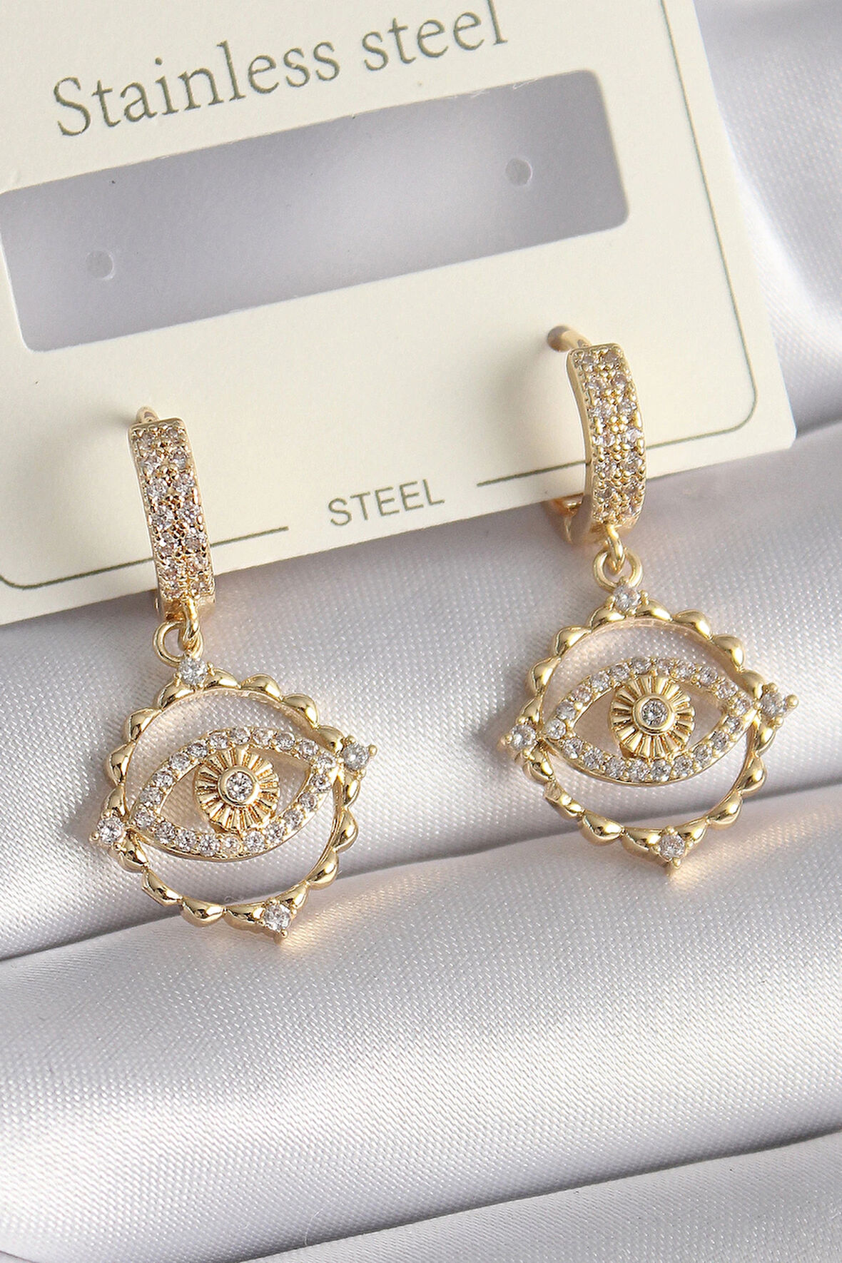 Dodes Pirinç Gold Renk Zirkon Taşlı Göz Model Kadın Küpe TG27BKP9733