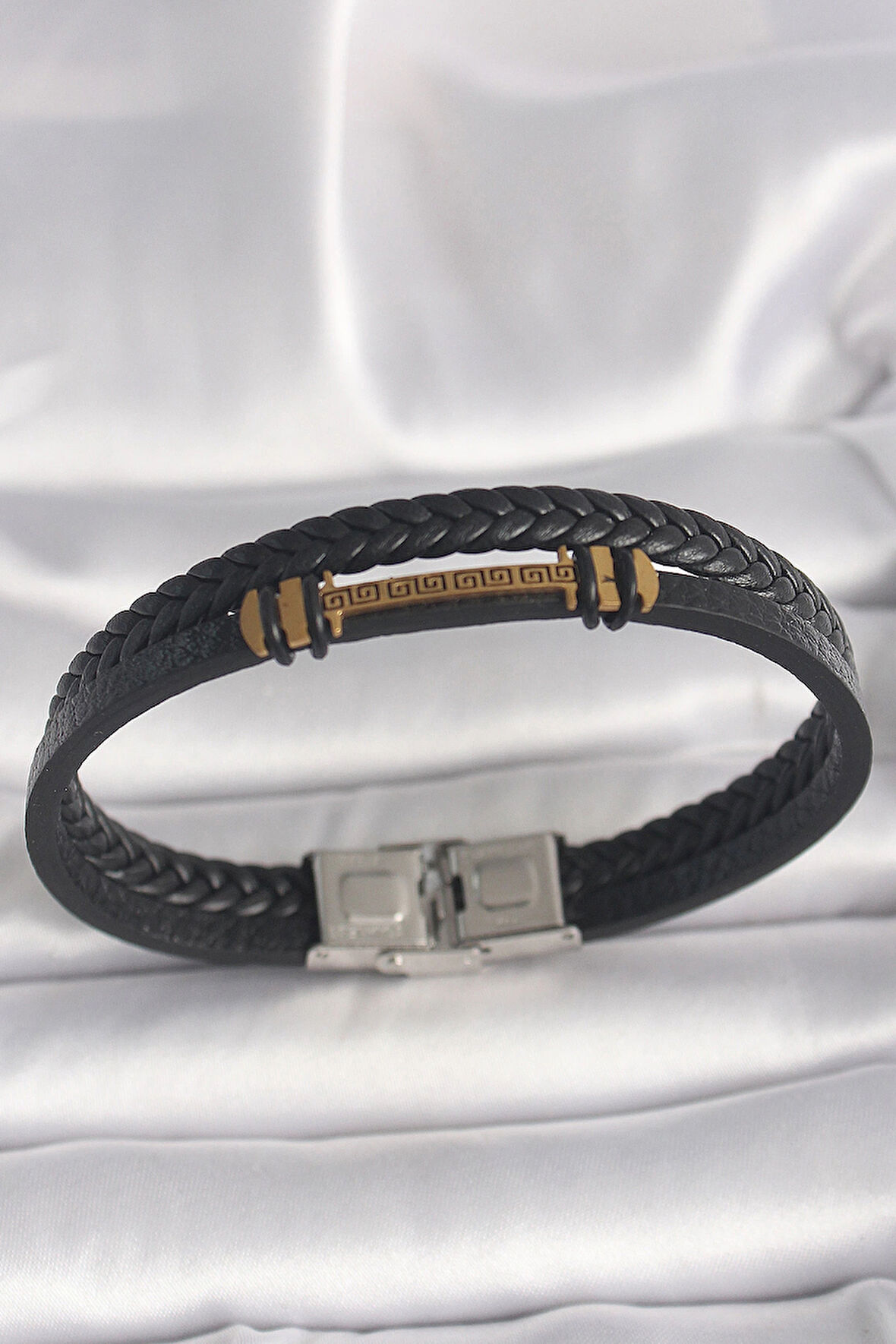 Dodes 316L Çelik Gold Renk ZikZak İşlemeli Aksesuarlı Çift Sıra Burgu Desenli Deri Kordon Erkek Bileklik TG27EB3705