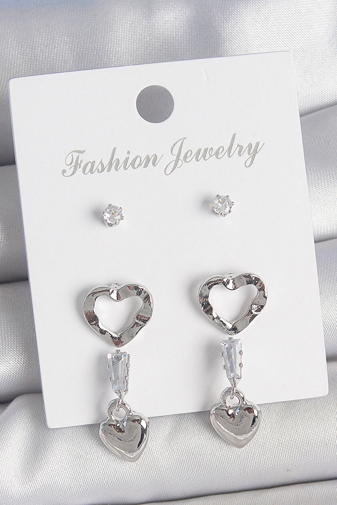 Dodes Dodes Pirinç Gümüş Renk Zirkon Taş Detaylı Sallantı Model 2 Çift Kadın Küpe Seti TG27BKP10595