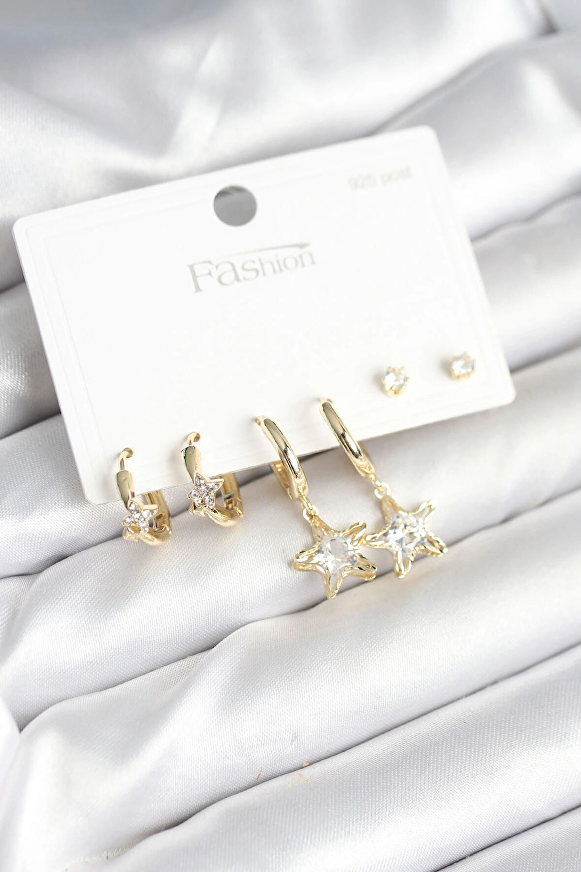 Dodes Dodes Pirinç Gold Renk Yıldız Model 925 Gümüş Çivili Kadın Küpe Seti TG27BKP11256