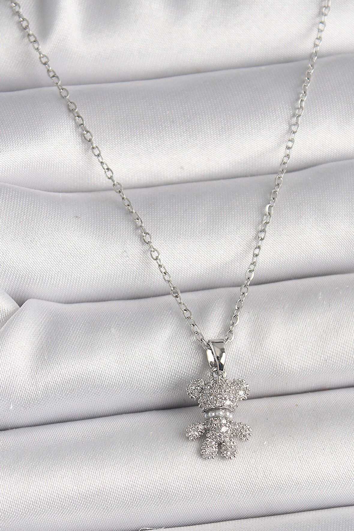 Dodes Dodes 316L Çelik Gümüş Renk Zincir Zirkon Taşlı Ayıcık Figür Kadın Kolye TG27BKO9811