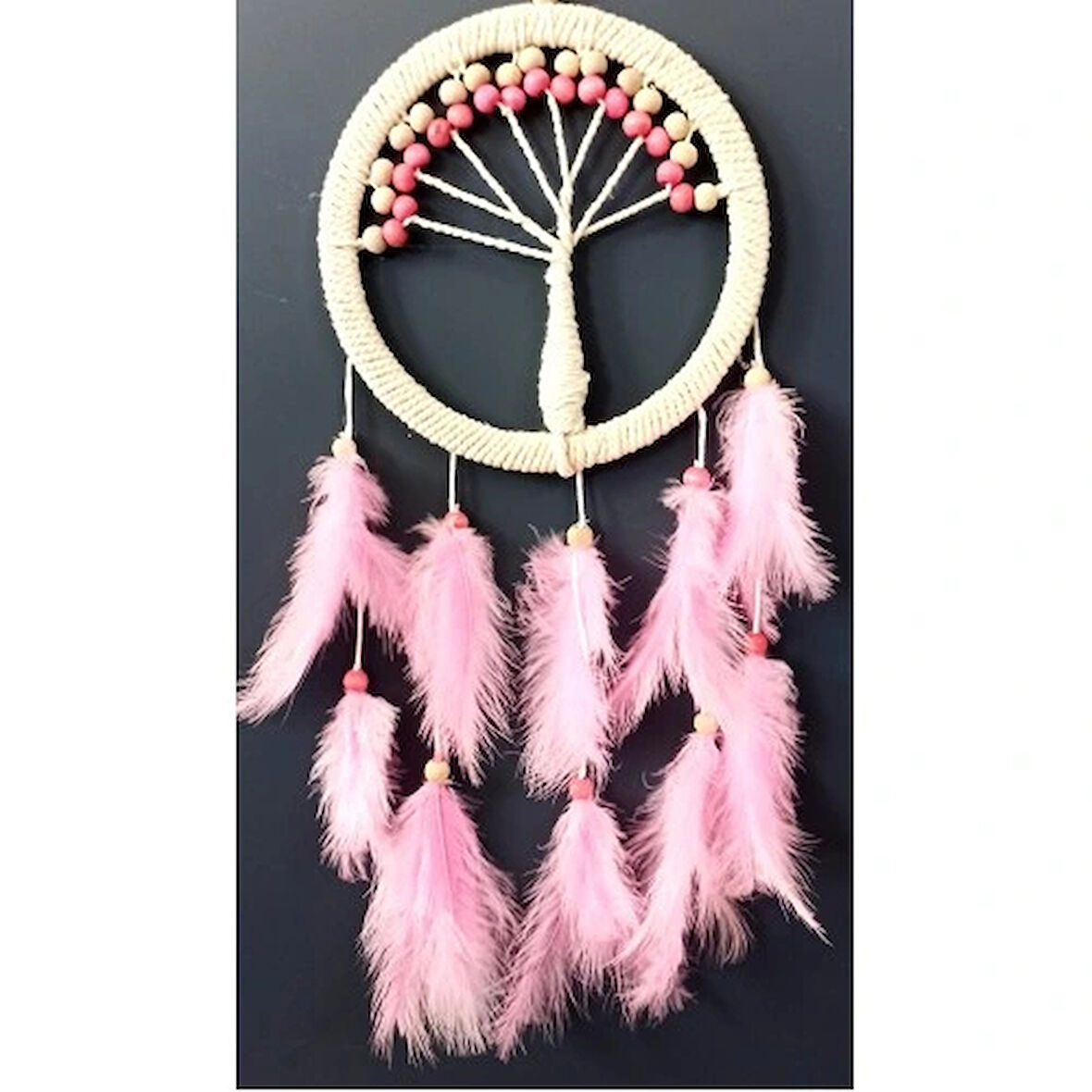 Dodes Pembe Kuş Tüylü Hayat Ağacı Düş Kapanı Dream Catcher Duvar Süsü