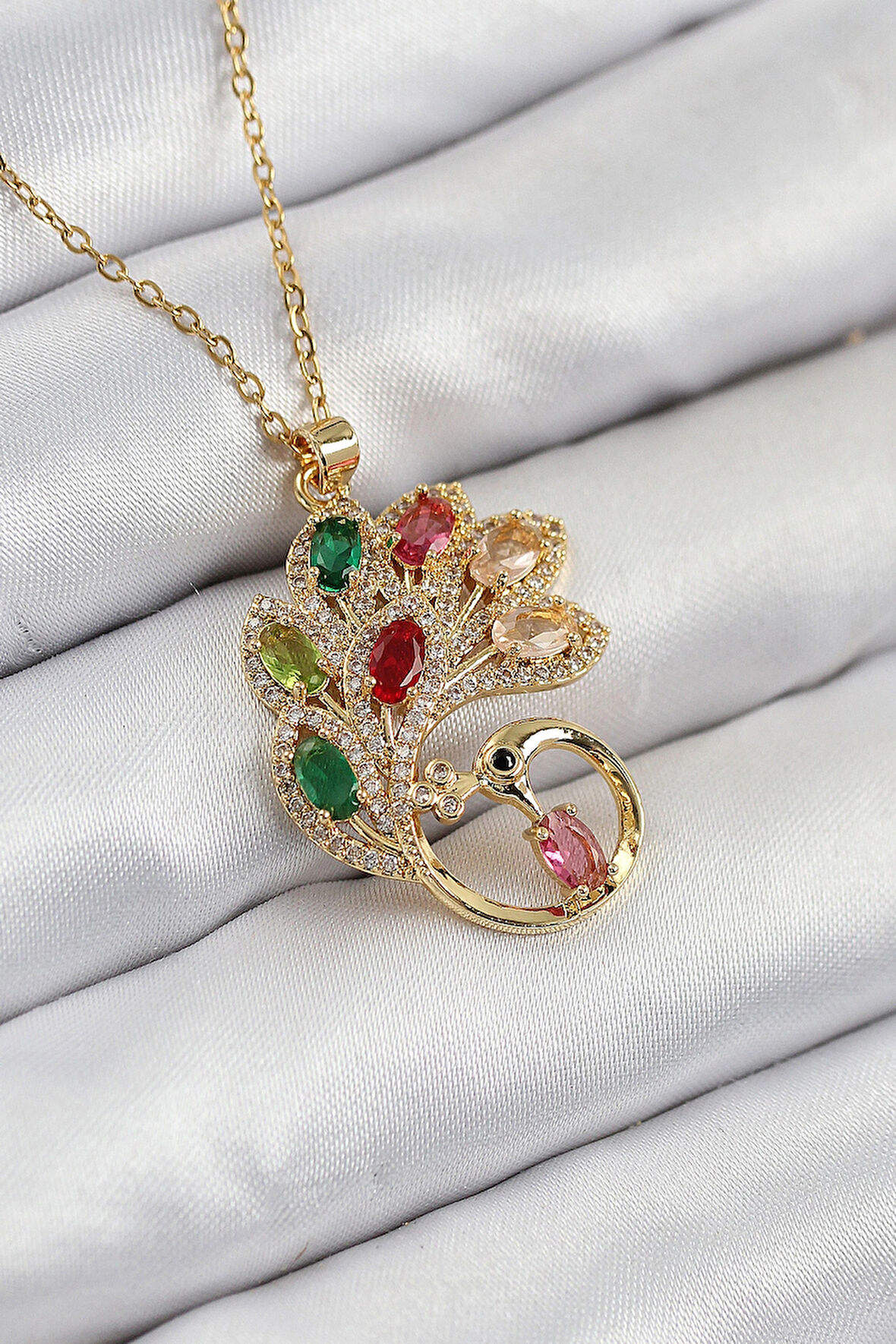 Dodes Dodes 316L Çelik Zirkon Taşlı Tavus Kuşu Model Gold Renk Kadın Kolye TG27BKO10514