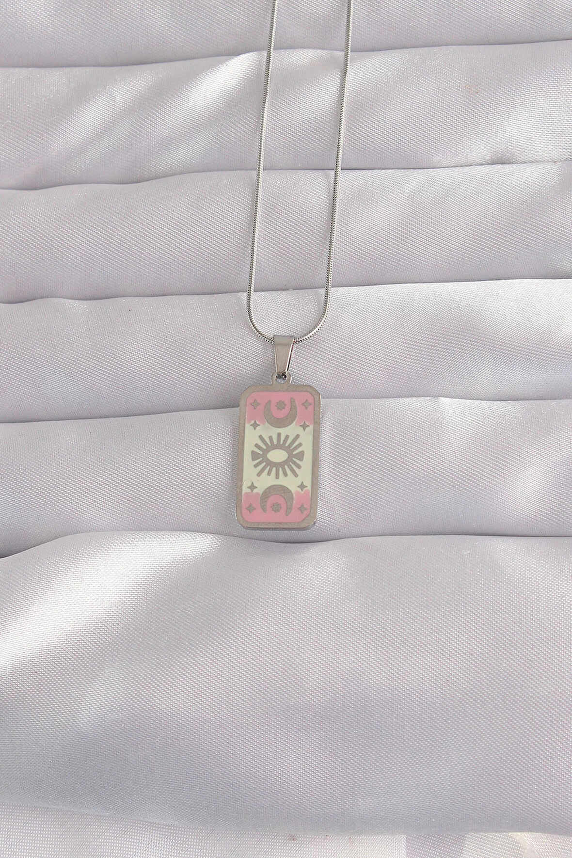 Dodes 316L Çelik Gümüş Renk Pembe Mineli Ay Figür Tarot Kolye TG27BKO9045