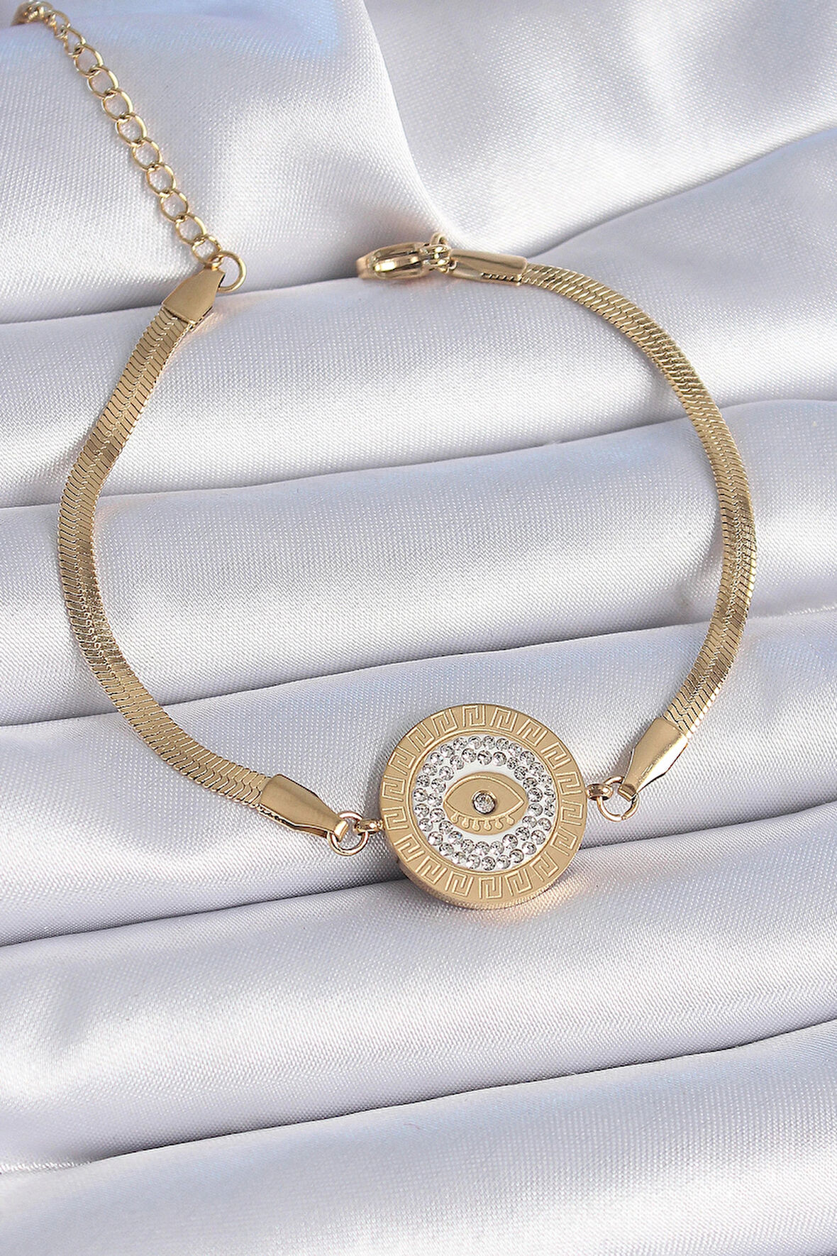 Dodes 316L Çelik Gold Renk İtalyan Zincir Zirkon Taşlı Göz İşlemeli Madalyon Model Kadın Bileklik TG27BB6445