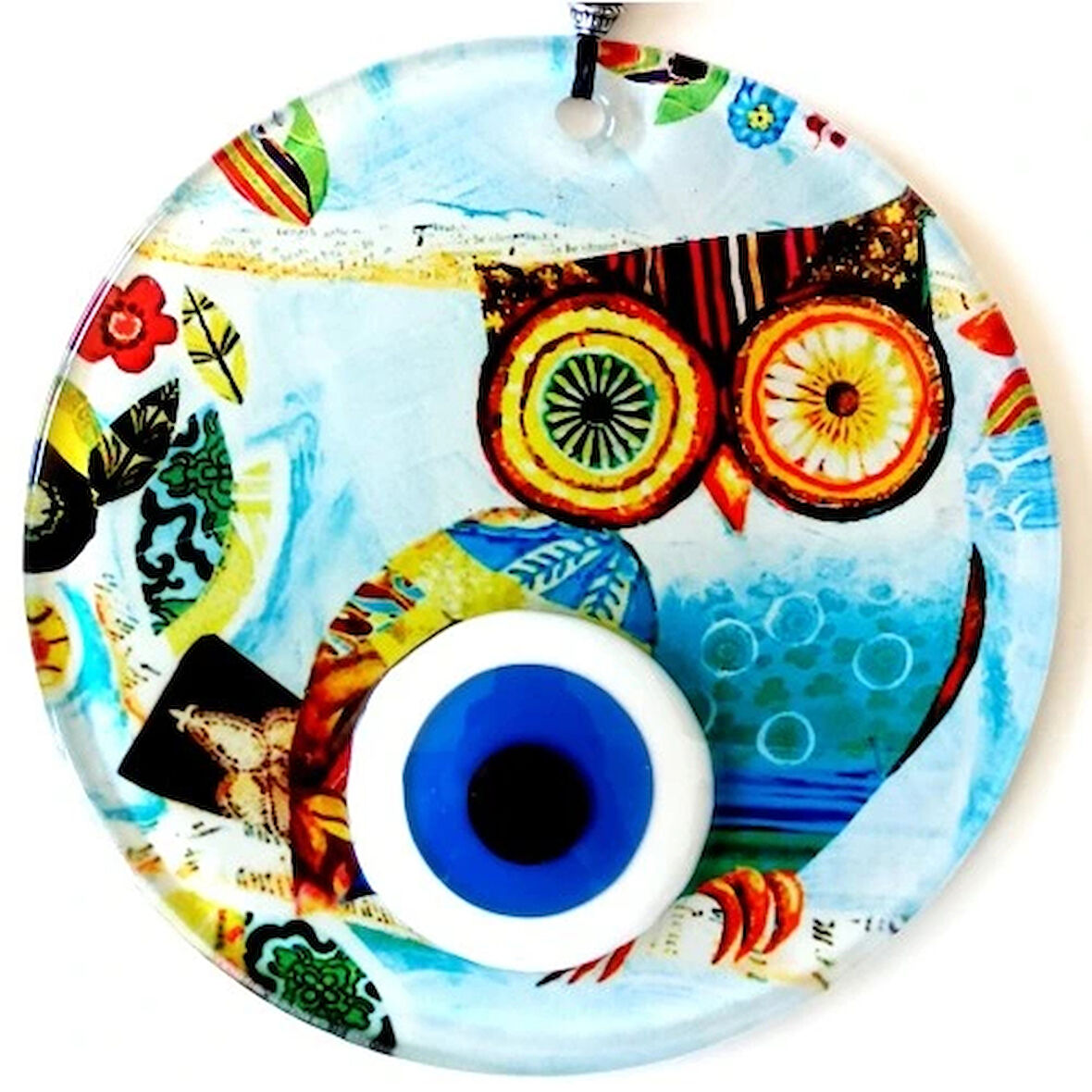 Dodes Bilgin Baykuş Nazar Boncuklu 12 Santimetre Füzyon Cam Duvar Süsü