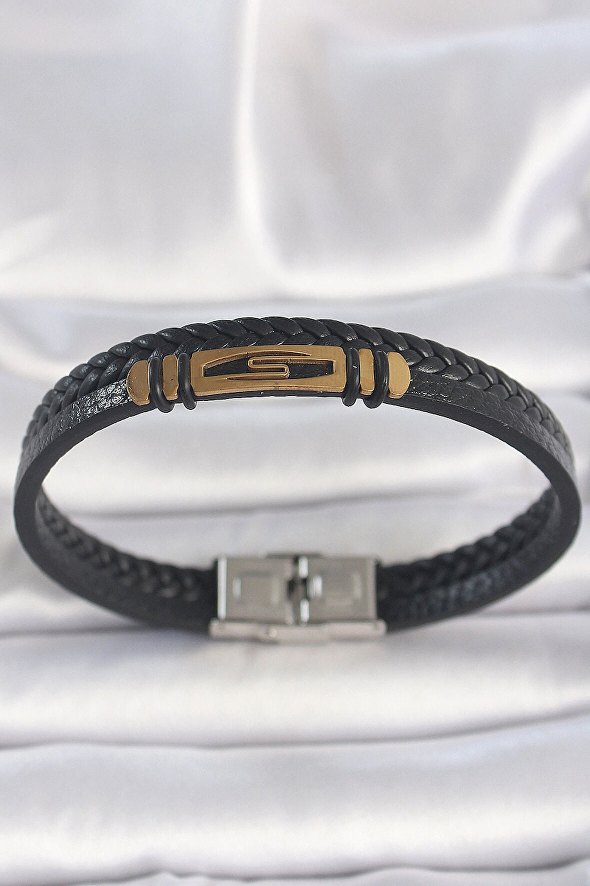 Dodes Dodes 316L Çelik Gold Renk Aksesuarlı Çift Sıra Siyah Burgu Desenli Deri Kordon Erkek Bileklik TG27EB3710