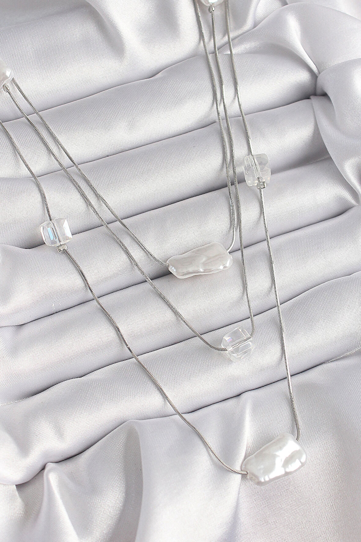 Dodes Dodes Pirinç Gümüş Renk Ezme İnci Model Çoklu Kadın Kolye TG27BKO9620