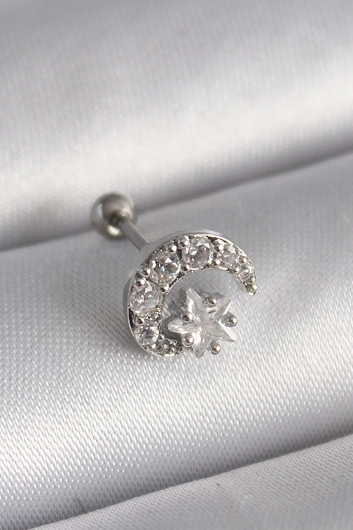 Dodes 316L Çelik Gümüş Renk Zirkon Taşlı Ay Yıldız Tragus Piercing TG27PR1257