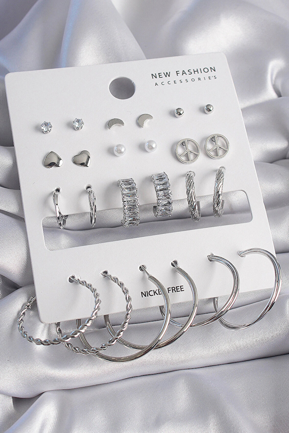 Dodes Dodes Pirinç Gümüş Renk Zirkon Taşlı 12 Çift Kadın Küpe Seti TG27BKP9682