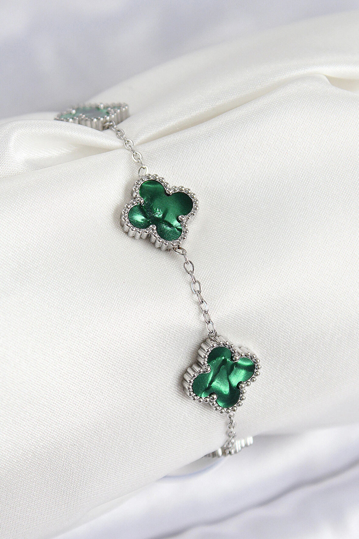 Dodes Dodes 316L Çelik Sedefli Zümrüt Yeşil Gümüş Renk Yonca Kadın Bileklik TG27BB7672