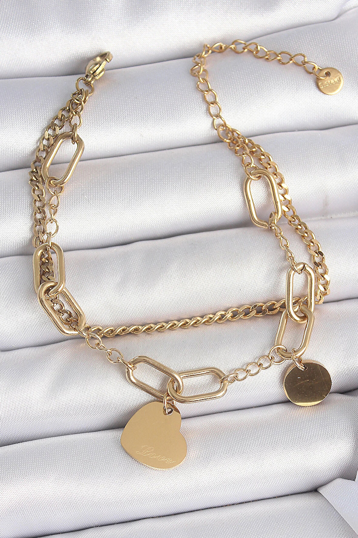 Dodes 316L Çelik Gold Renk 2'Li Zincir Model Sallantı Kalp Figür Kadın Bileklik TG27BB6953