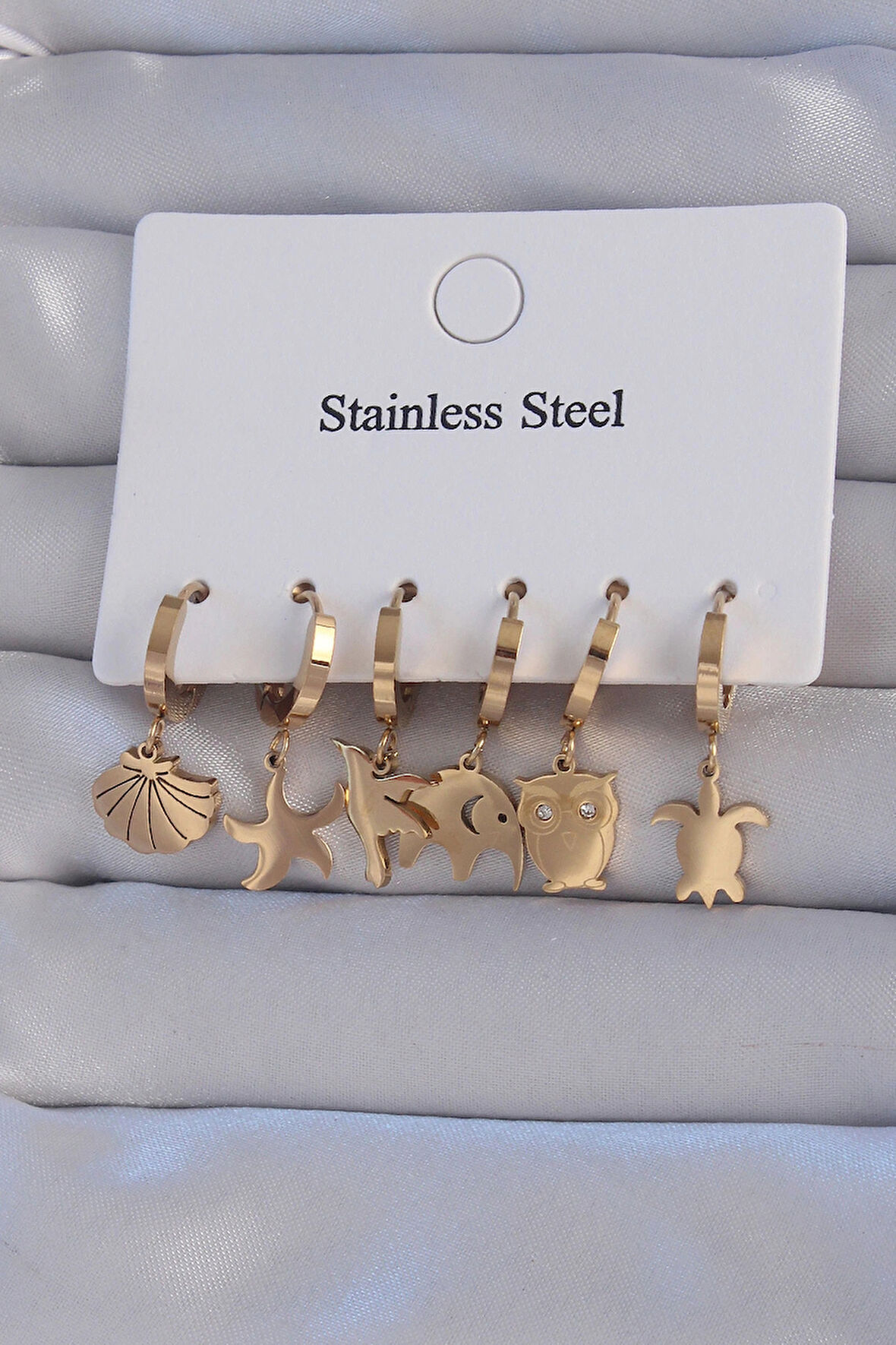 Dodes Dodes 316L Çelik Gold Renk Zirkon Taşlı Hayvan Figürlü Deniz Yıldızı Model Halka Küpe Seti TG27BKP9155