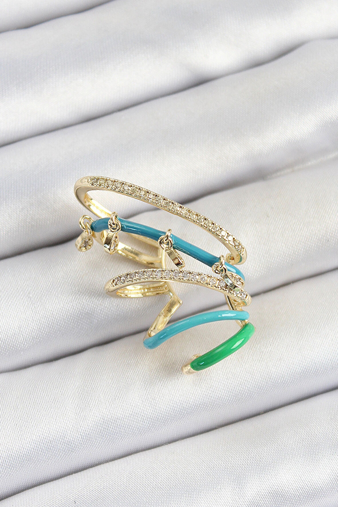 Dodes Dodes Pirinç Zirkon Taşlı Mavi Yeşil Sıkıştırma Sağ Kıkırdak Gold Renk Kadın Küpe TG27BKP10754