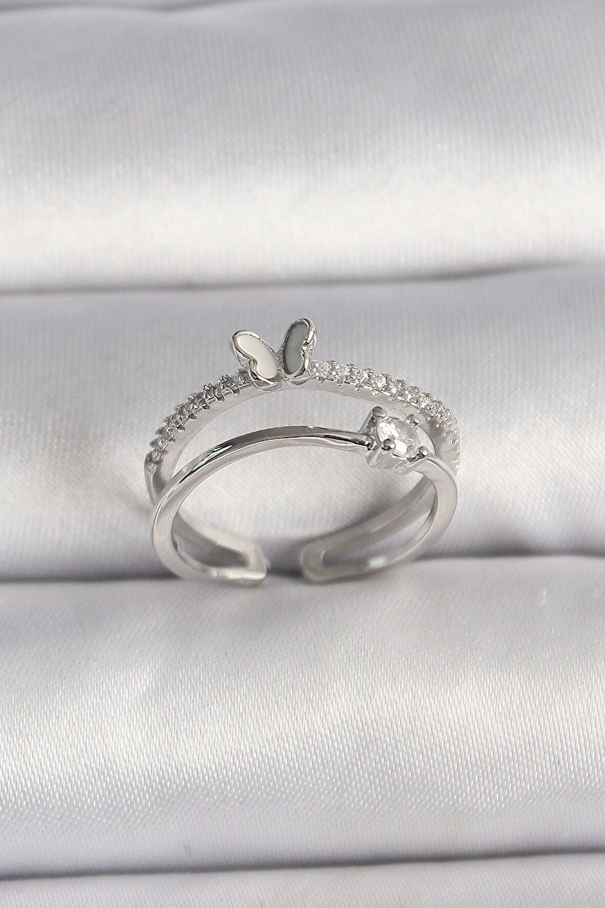 Dodes Pirinç Gümüş Renk Zirkon Taşlı Kelebek Figürlü Ayarlanabilir Yüzük TG27BYK3528