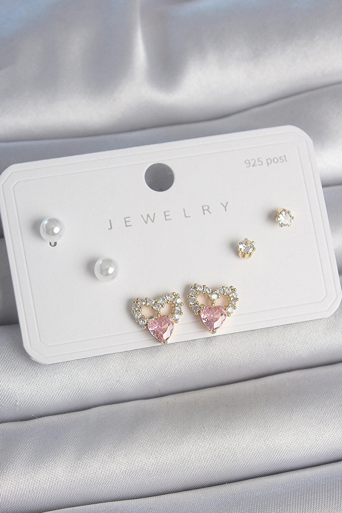 Dodes Dodes Pirinç Gold Renk Pembe Zirkon Taşlı Kalp Model İnci Detay 925 Ayar Kadın Küpe Seti TG27BKP10488