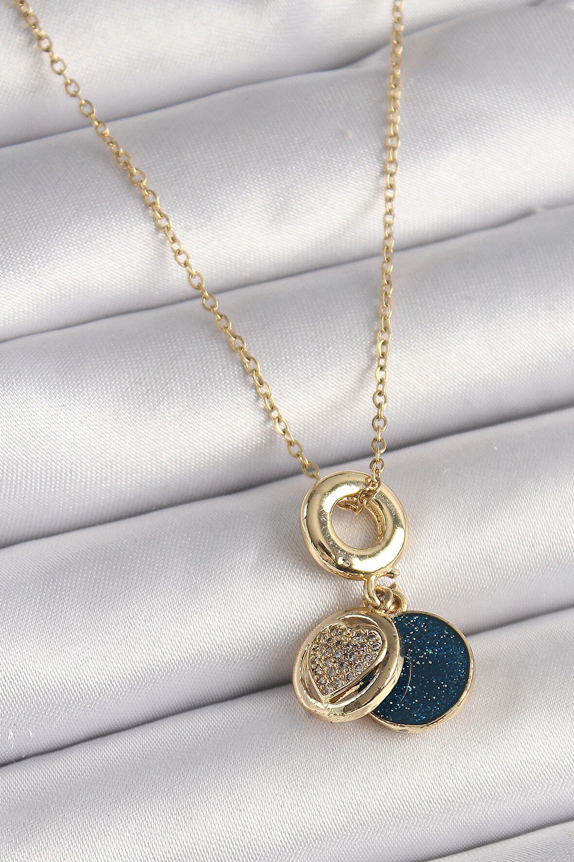 Dodes 316L Çelik Gold Renk Zincir Zirkon Taşlı Kalp Model Mavi Simli Kadın Kolye TG27BKO9640