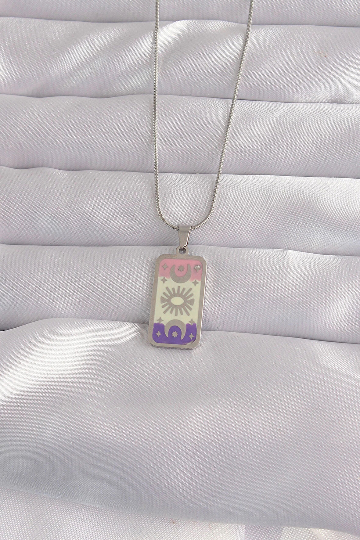 Dodes 316L Çelik Gümüş Renk Karışık Mineli Ay Figür Tarot Kolye TG27BKO9044