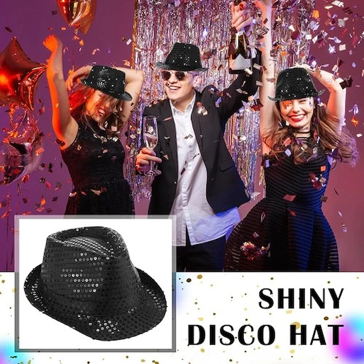 Dodes Disko Star Siyah Payetli Fötr Şapka Yetişkin Boy