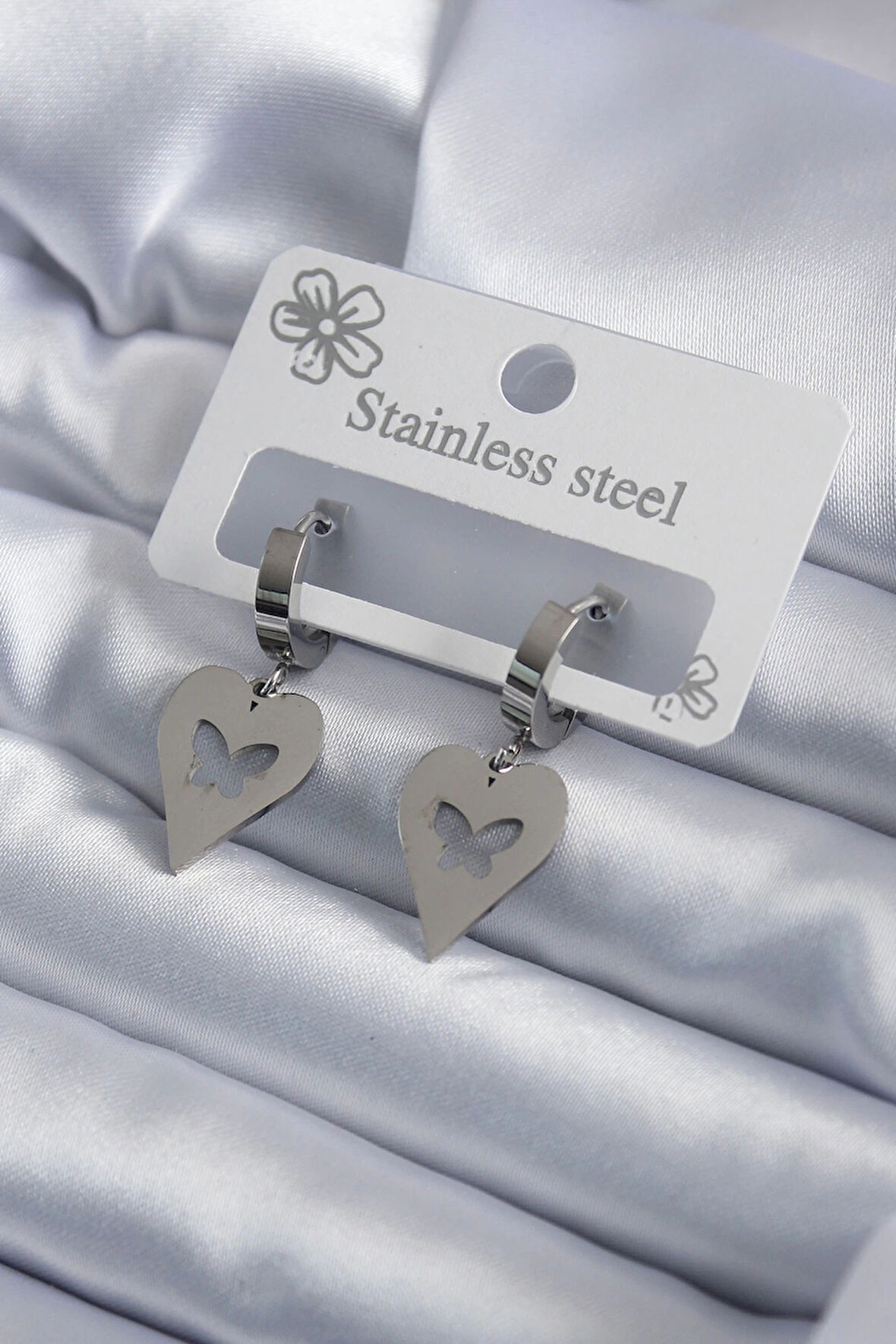 Dodes 316L Çelik Gümüş Renk Kalp Model Kelebek İşleme Kadın Küpe TG27BKP7950