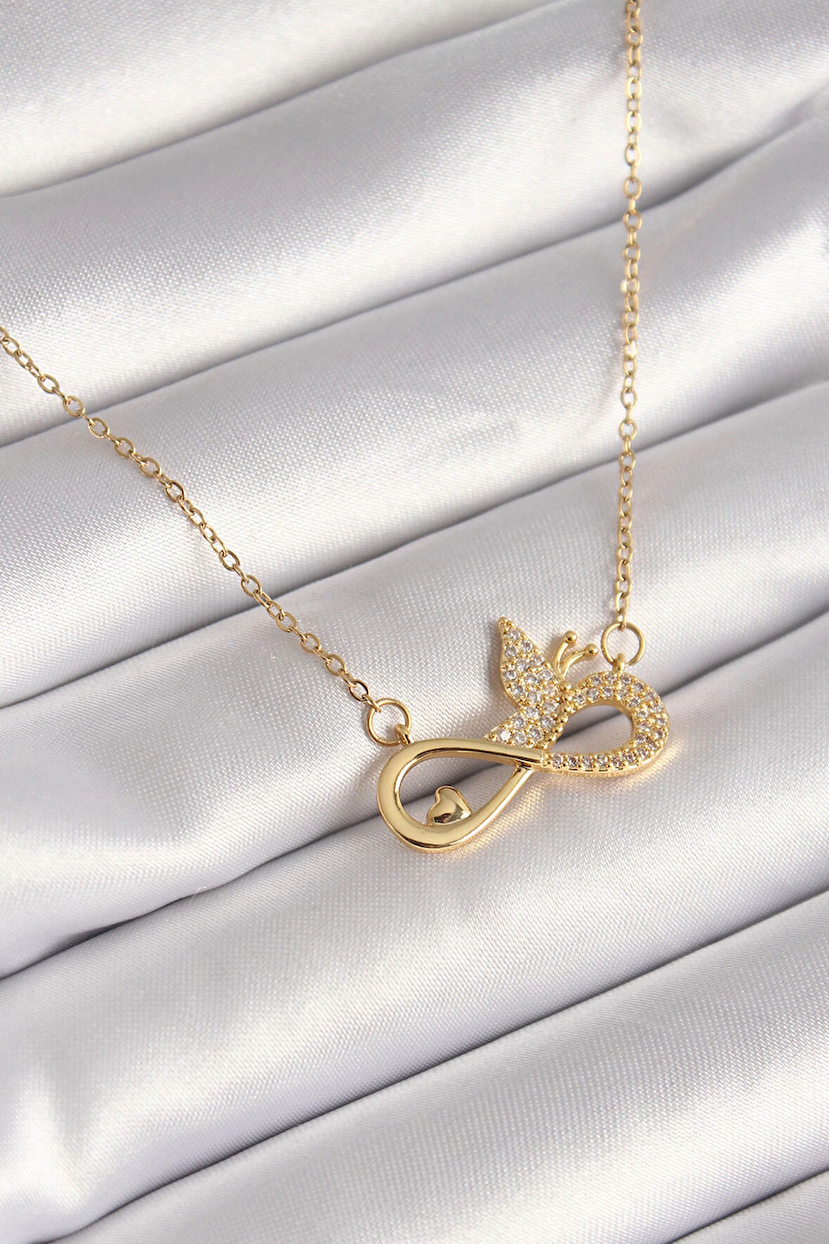 Dodes 316L Çelik Gold Renk Zirkon Zincir Taşı Sonsuzluk Kelebek Model Kadın Kolye TG27BKO8386