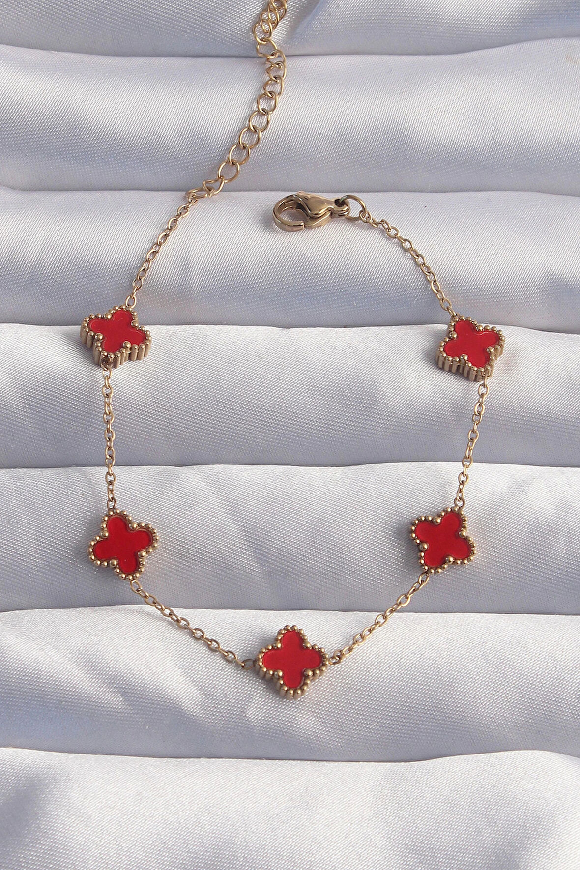 Dodes 316L Çelik Baby Boy Gold Renk Kırmızı Mineli Yonca Bileklik TG27BB6274