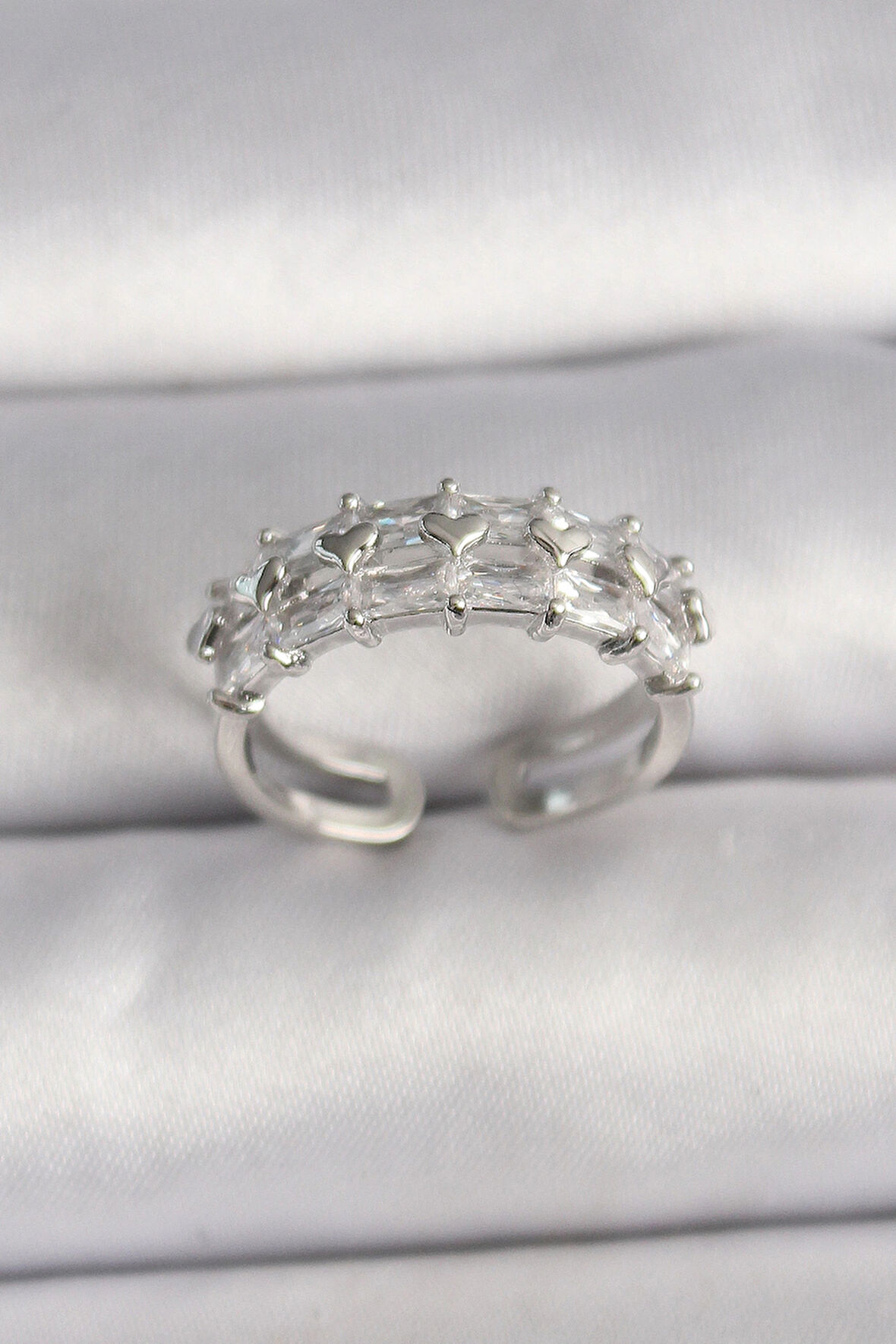 Dodes Pirinç Gümüş Renk Zirkon Taşlı Ayarlanabilir Yüzük TG27BYK3548