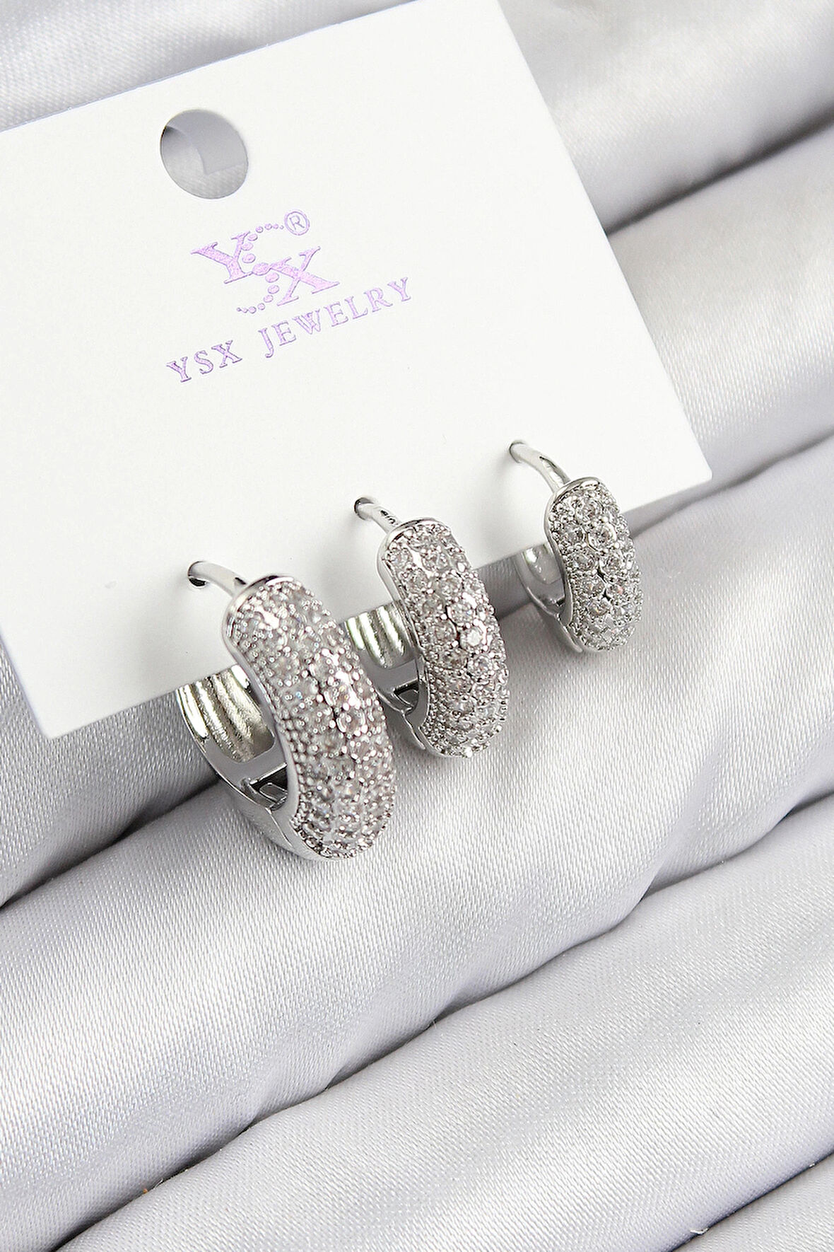 Dodes Pirinç Zirkon Taşlı 3'lü Halka Model Gümüş Renk Kadın Küpe TG27BKP11123