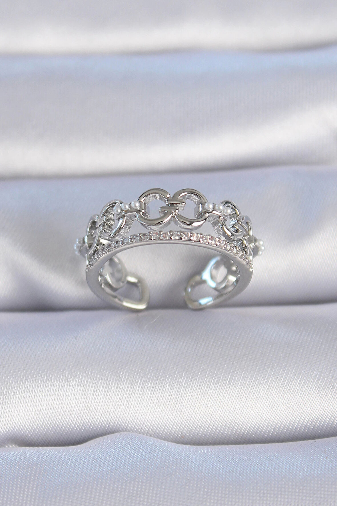 Dodes Pirinç Gümüş Renk Zirkon Taşlı İnci Detay Kadın Yüzük TG27BYK3337