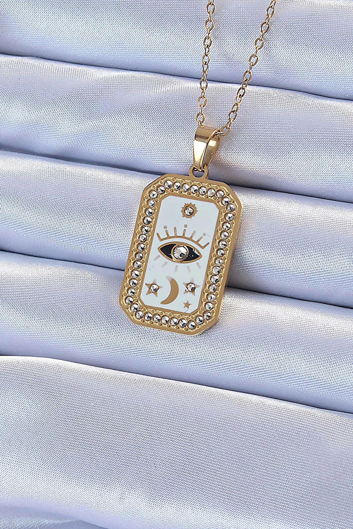 Dodes 316L Çelik Zincir Altın Renk Mineli Zirkon Taşlı Göz Figür Tarot Kolye TG27BKO9217