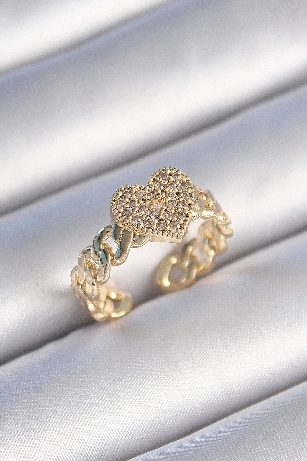 Dodes Dodes Pirinç Gold Renk Zincir Kordon Zirkon Taşlı Kalp Model Kadın Yüzük TG27BYK3485