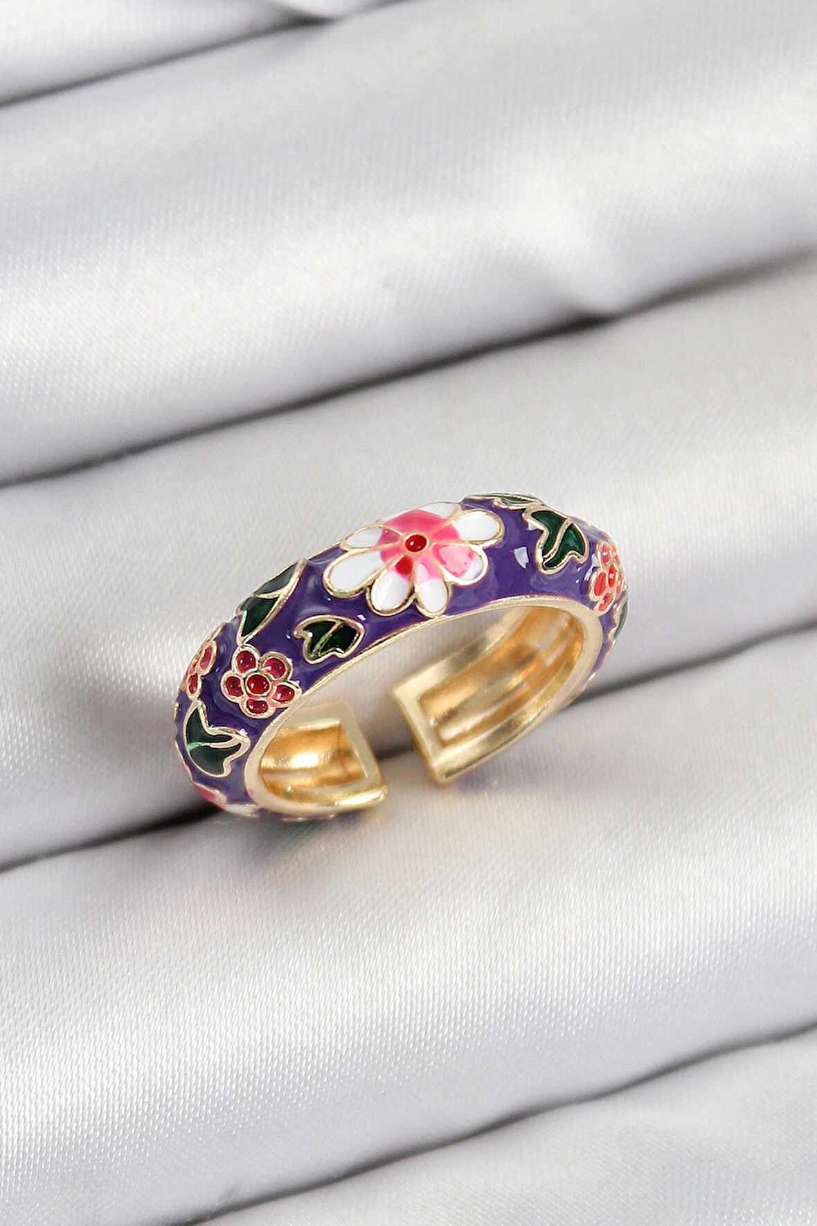Dodes Dodes Pirinç Mor Mineli Çiçek Motifli Gold Renk Ayarlanabilir Kadın Yüzük TG27BYK3803