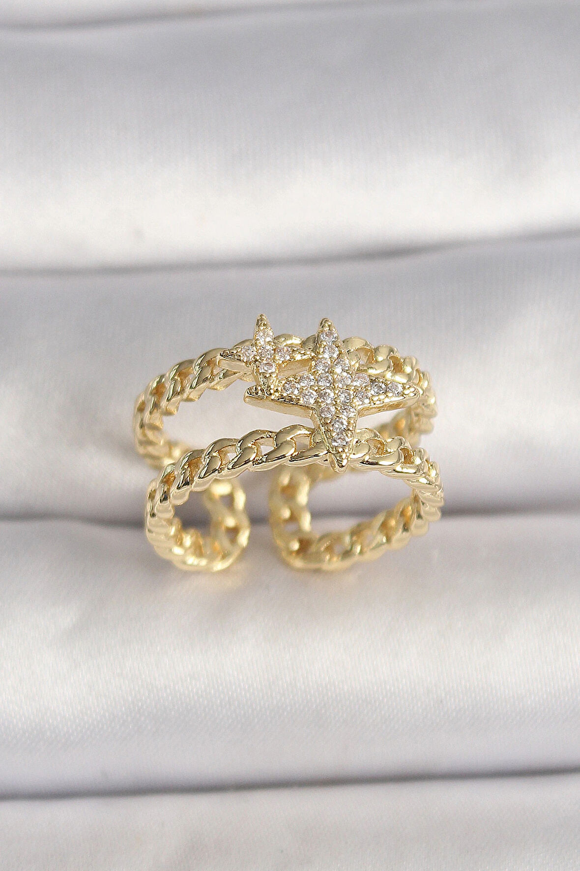 Dodes Dodes Pirinç Gold Renk 2'Li Zincir Zirkon Taşlı Yıldız Figür Kadın Yüzük TG27BYK3594