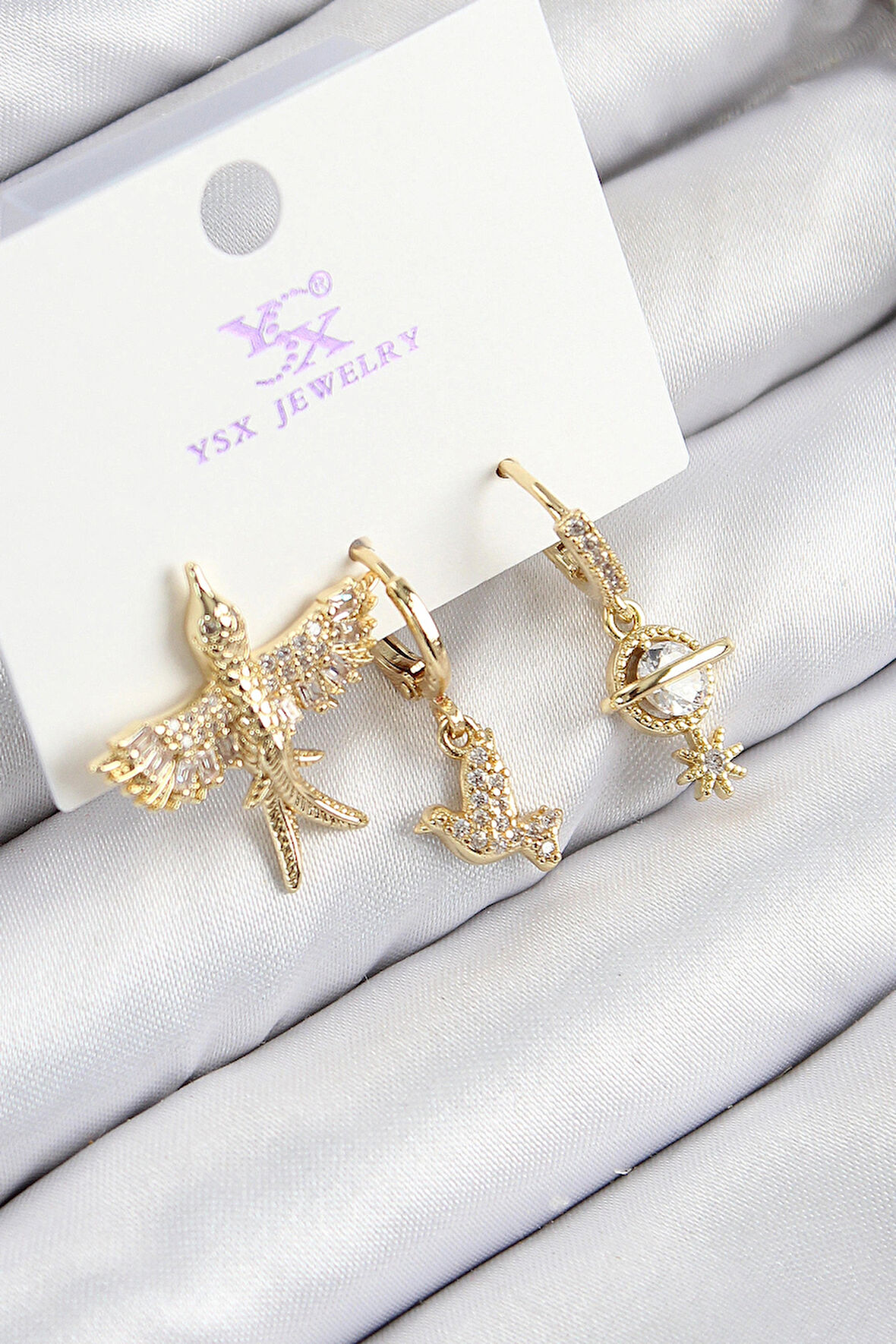 Dodes Dodes Pirinç Zirkon Taşlı 3'lü Kuş Model Gold Renk Kadın Küpe TG27BKP11140