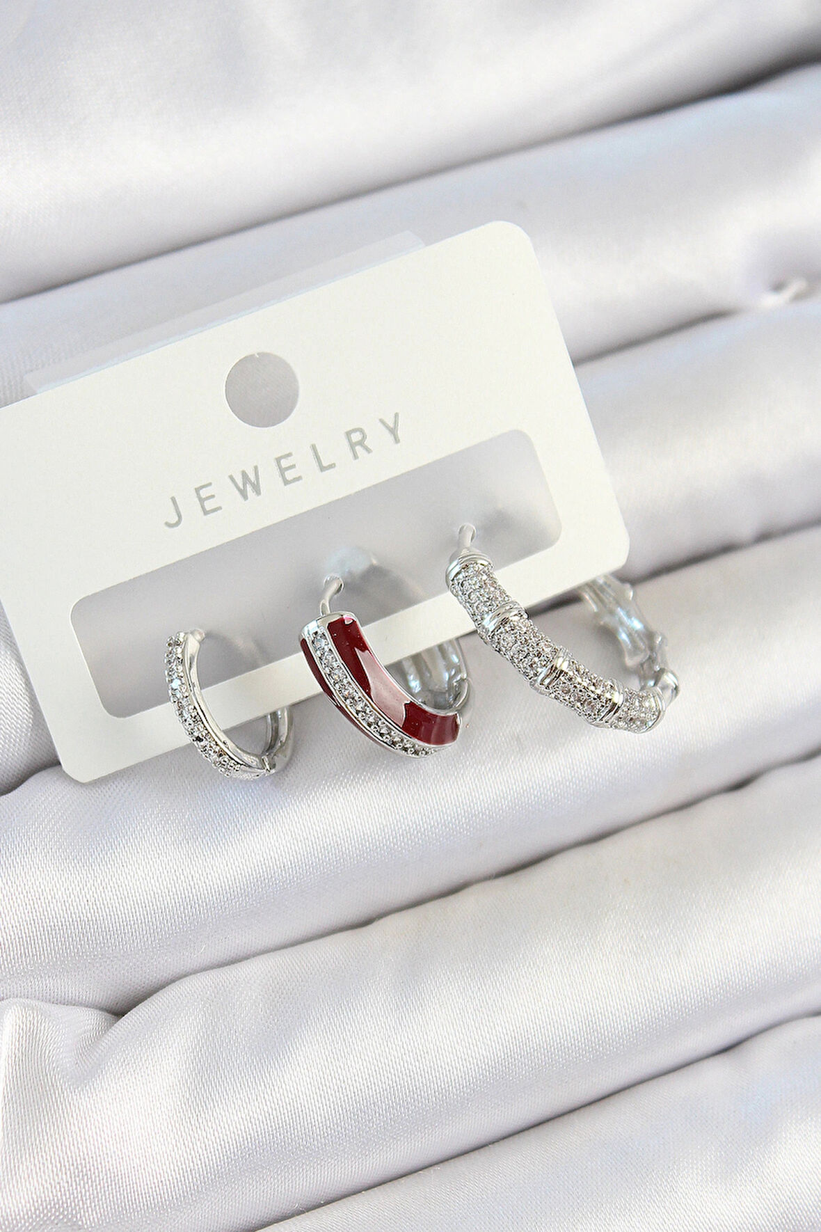 Dodes Dodes Pirinç Zirkon Taşlı Bordo Pembe Halka Model Gümüş Renk 3'lü Çift Kadın Küpe Set TG27BKP10791