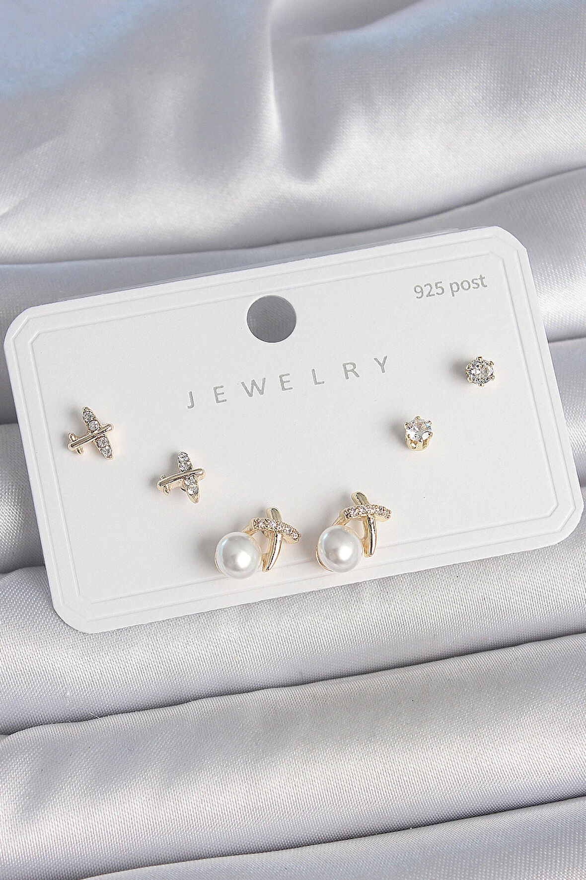 Dodes Dodes Pirinç Gold Renk Zirkon Taşlı Kelebek Model İnci Detay 925 Ayar Gümüş Çivi Kadın Küpe Seti TG27BKP10478