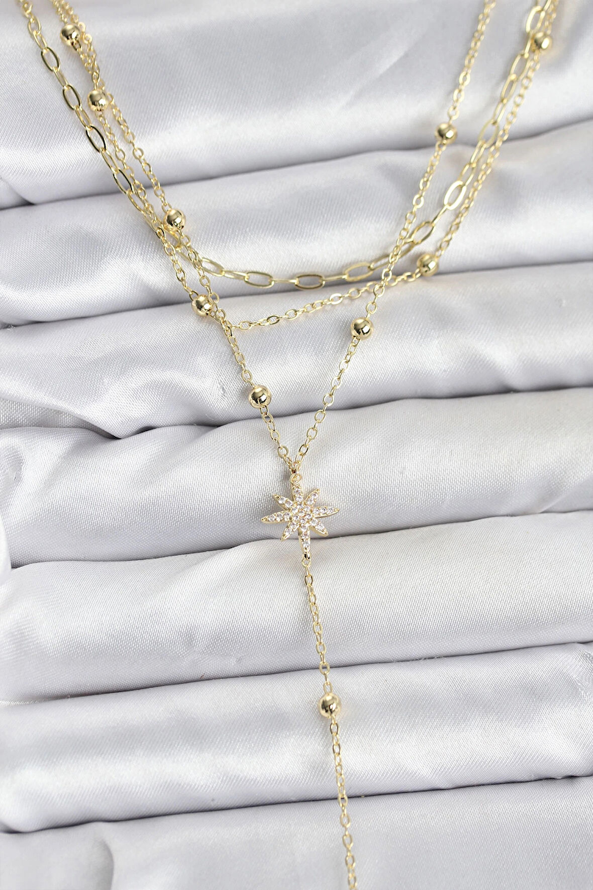 Dodes Dodes Pirinç Gold Renk Kutup Yıldızı Detaylı 3'lü Kombin Kadın Kolye TG27BKO10689