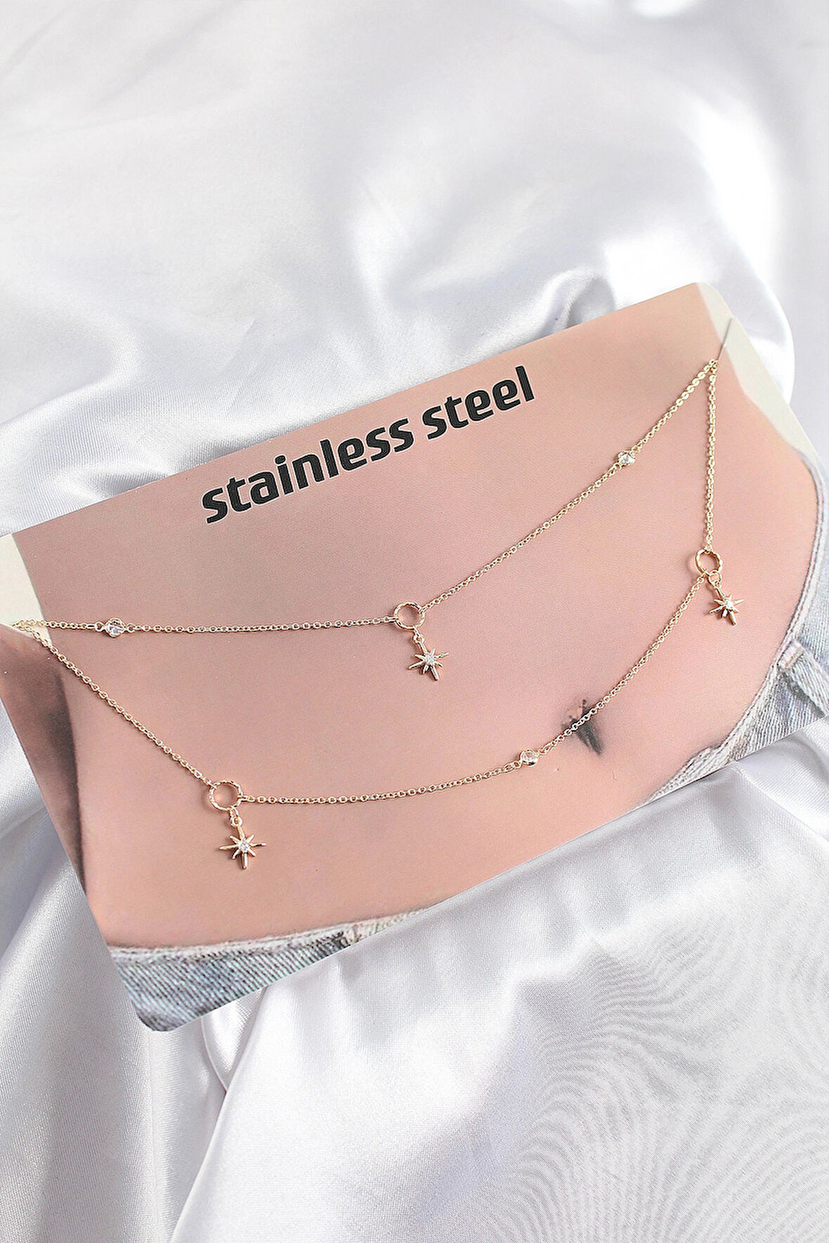 Dodes Dodes 316L Çelik Zirkon Taşlı Kutup Yıldızı Model Gold Renk Göbek Bel Zinciri TG27BKGZ10344